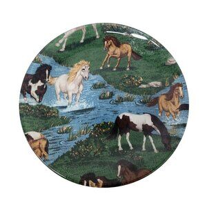 Vintage Horses By The River Equestrian Decorative Collector Plate Round Glass